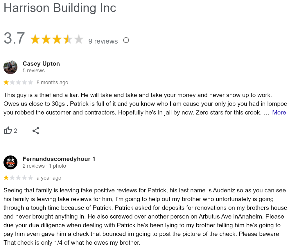 Two one-star reviews for Harrison Building from Google